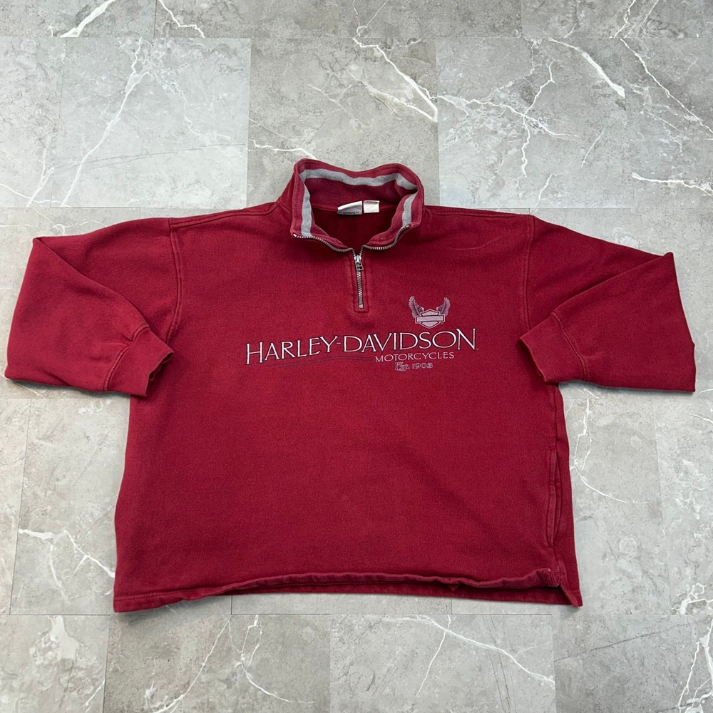 Vintage Harley Davidson Sweatshirt Mens Medium Pullover Mock Neck 1/4 Zip Red